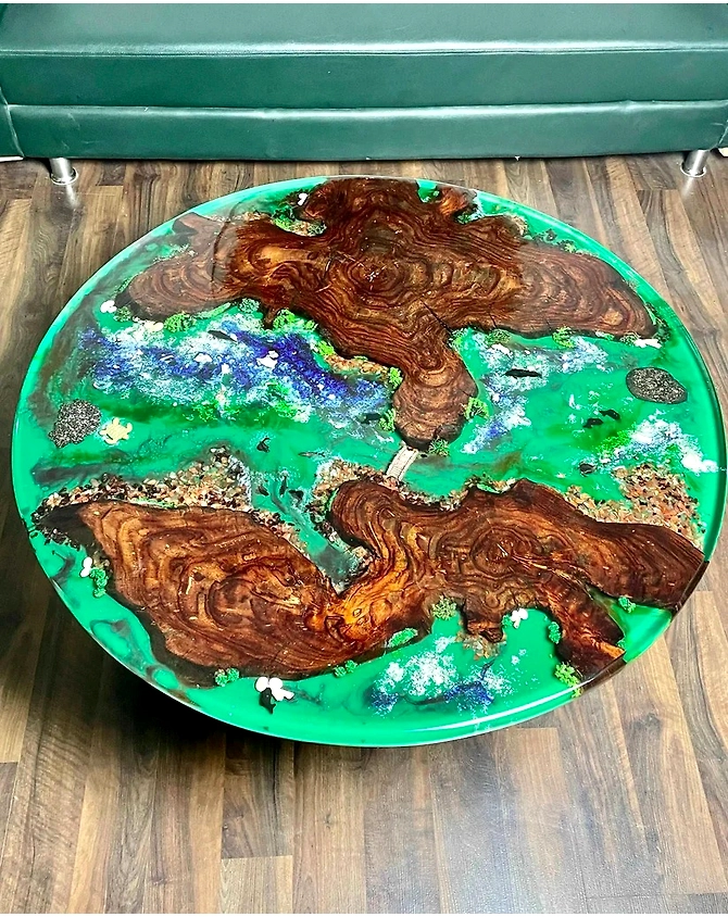 Customized Modern Green Ocean Fishes And Shell Epoxy Resin River Coffee Table top Stone And Rock Round Table Walnut Table, Wooden Resin Table Top Only-56545-1