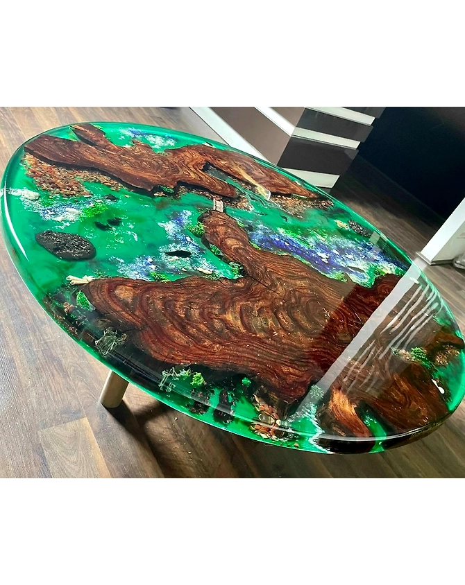 Customized Modern Green Ocean Fishes And Shell Epoxy Resin River Coffee Table top Stone And Rock Round Table Walnut Table, Wooden Resin Table Top Only-18by18-2