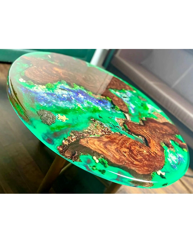 Customized Modern Green Ocean Fishes And Shell Epoxy Resin River Coffee Table top Stone And Rock Round Table Walnut Table, Wooden Resin Table Top Only-18by18-3