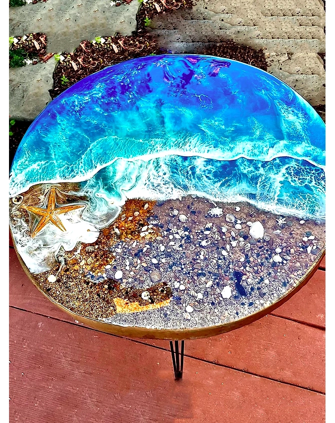 Beautiful Foreshore Blue Epoxy Resin Round Table Coffee Table Seashell Living Room for 2, 4, 6, 8 Side/End Table Patio Table Bar Counter Table Top Only-18by18-4