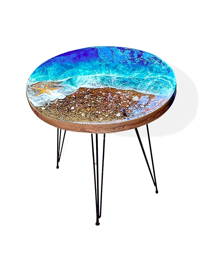 Beautiful Foreshore Blue Epoxy Resin Round Table Coffee Table Seashell Living Room for 2, 4, 6, 8 Side/End Table Patio Table Bar Counter Table Top Only-65647-1
