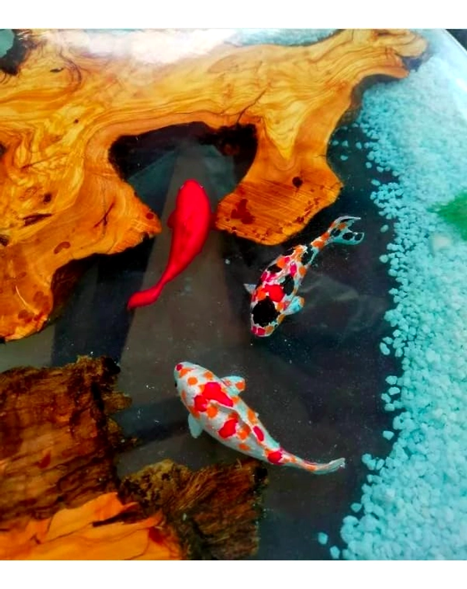 Artistic Aquatic Epoxy Resin Round Coffee Table with Koi Fish Dining Table, Living Room Table, End/Side Table, Bar Table Home Décor Wall Art Top Only-18by18-3