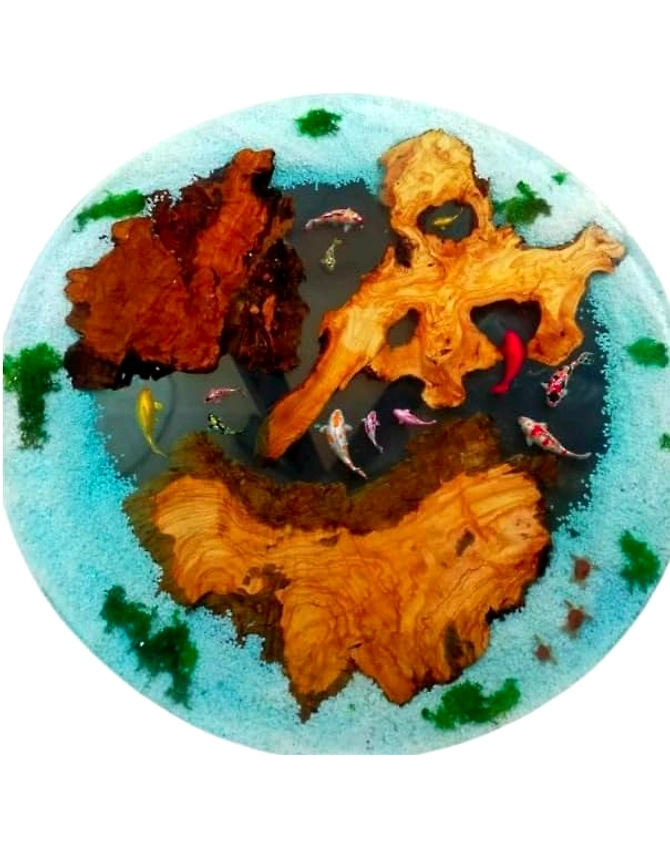 Artistic Aquatic Epoxy Resin Round Coffee Table with Koi Fish Dining Table, Living Room Table, End/Side Table, Bar Table Home Décor Wall Art Top Only-935344-1