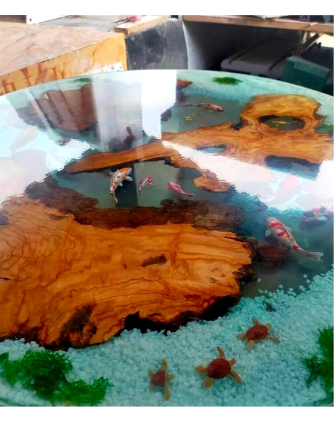 Artistic Aquatic Epoxy Resin Round Coffee Table with Koi Fish Dining Table, Living Room Table, End/Side Table, Bar Table Home Décor Wall Art Top Only-18by18-2
