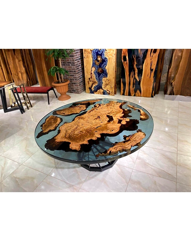 Unique Pattern Blue Round Wooden Epoxy Resin Round Coffee Table Dining Room Table Living Room Table Centre Table End/Side Table Home Décor Top Only-65635-1