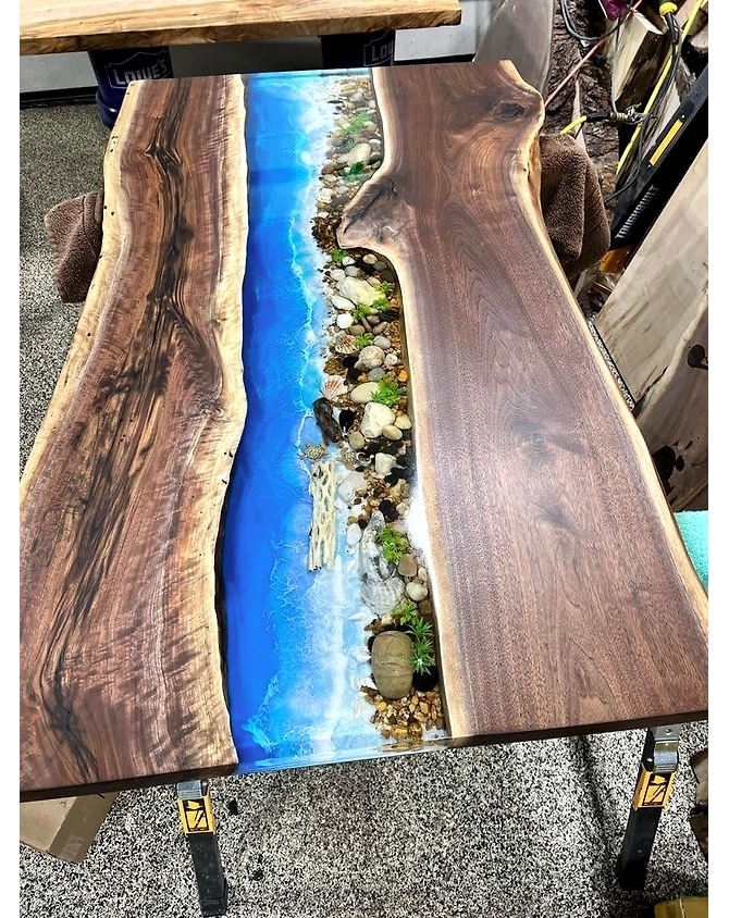 Resin Riverside Nature's Embrace Dining Table Epoxy Wave with Stone and Pebbles Coffee Table Contemporary Table Patio Table End/Side Table Home Décor Top Only-60by30-4