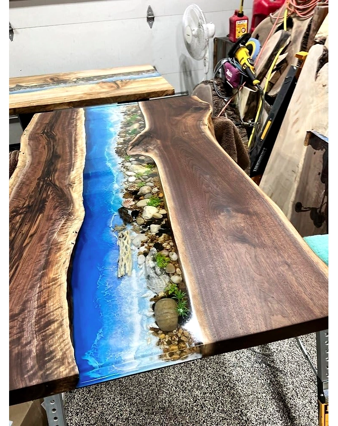 Resin Riverside Nature's Embrace Dining Table Epoxy Wave with Stone and Pebbles Coffee Table Contemporary Table Patio Table End/Side Table Home Décor Top Only-60by30-3