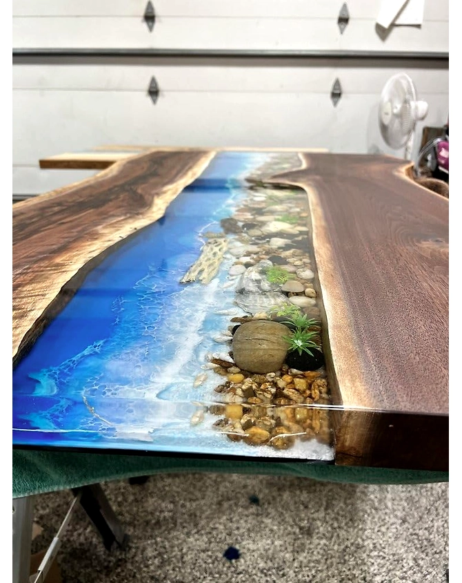 Resin Riverside Nature's Embrace Dining Table Epoxy Wave with Stone and Pebbles Coffee Table Contemporary Table Patio Table End/Side Table Home Décor Top Only-60by30-2
