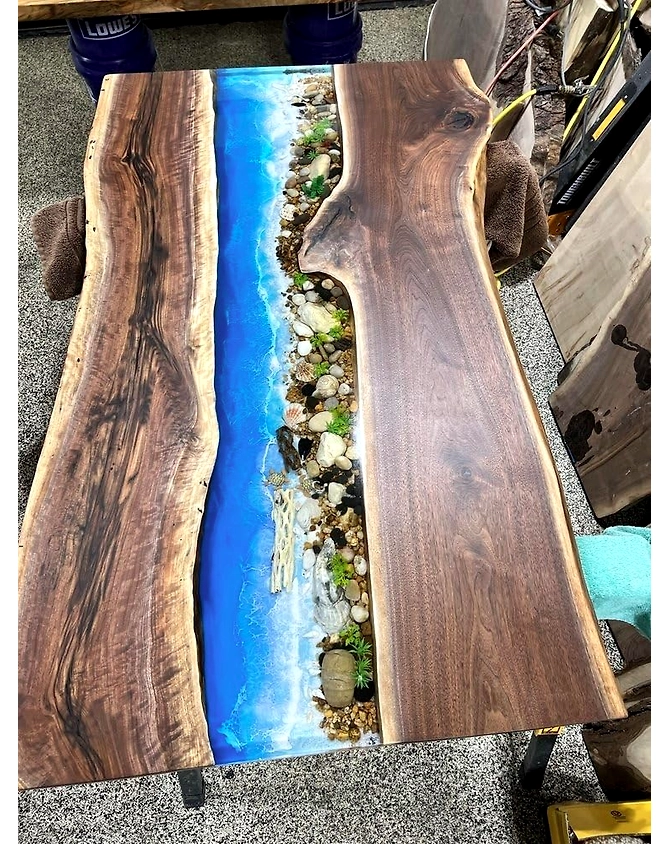 Resin Riverside Nature's Embrace Dining Table Epoxy Wave with Stone and Pebbles Coffee Table Contemporary Table Patio Table End/Side Table Home Décor Top Only-852441-1