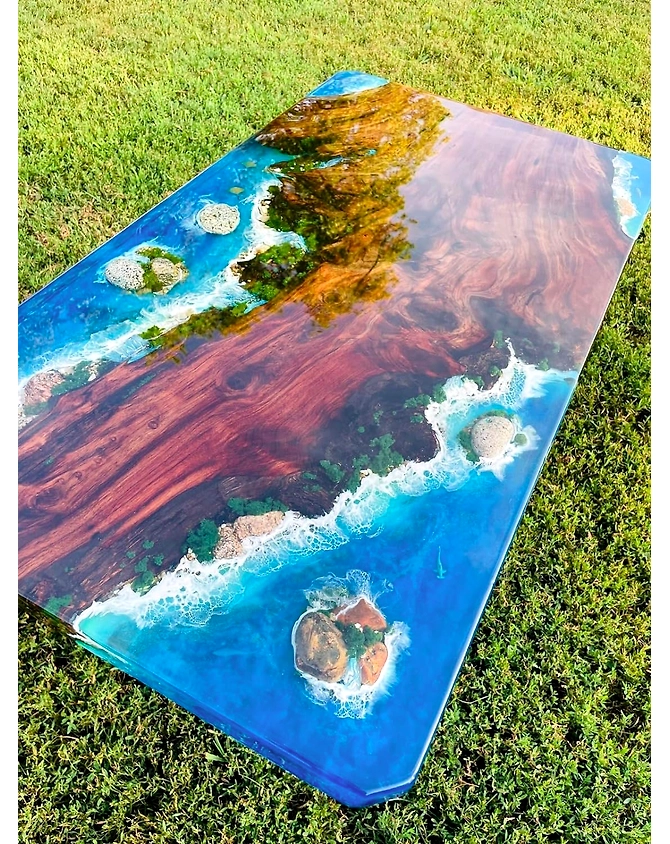 Aquatic Island Waterfall Epoxy Resin Table with Rock and Stone Dining Table Living Room Table Coffee Table Center Table Console Table Side/End Table Patio Table Top Only-89566-1