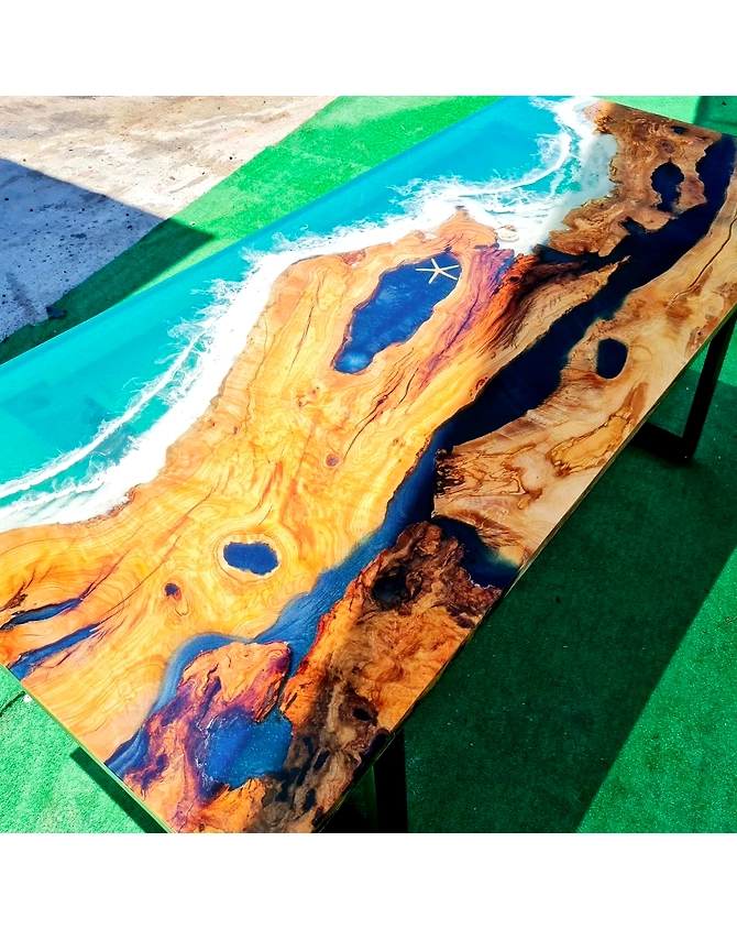 Exquisite Ocean Green Wave Epoxy Resin with Shell and Star Dining Table Coffee Table Kitchen Table Console Table Centre Table Patio Table End/Side Table Home Decor  Top Only-60by30-3