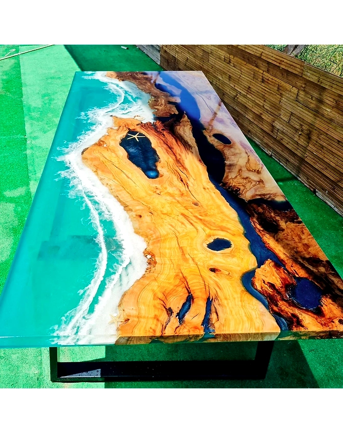 Exquisite Ocean Green Wave Epoxy Resin with Shell and Star Dining Table Coffee Table Kitchen Table Console Table Centre Table Patio Table End/Side Table Home Decor  Top Only-898645-1