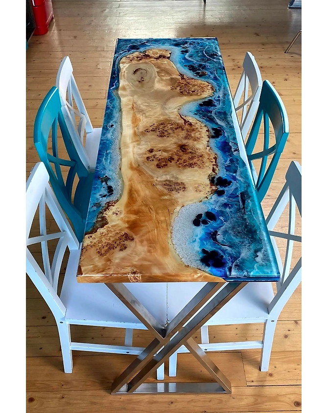 Customized Dine Room Natural Edge Table, Ocean Dining Table,Ocean Epoxy Table, Epoxy Kitchen Table, Blue Epoxy Wooden Table, Resin Dining Table Top Only-565635-1