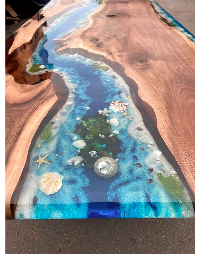 Mesmerizing Blue Ocean Epoxy Resin Table Coffee Table with Seashell and Starfish Conference Table Kitchen Table End/Side Table Patio Table Console Table Home Décor Top Only-64564-1