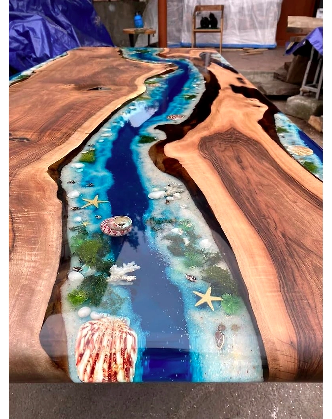 Mesmerizing Blue Ocean Epoxy Resin Table Coffee Table with Seashell and Starfish Conference Table Kitchen Table End/Side Table Patio Table Console Table Home Décor Top Only-60by30-3