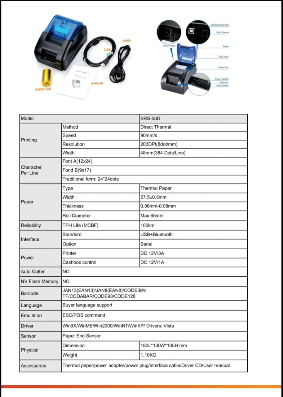 POS PRINTER THERMAL BLACKBARS 2&quot; USB+BT - SEP-2UB-RSC2202