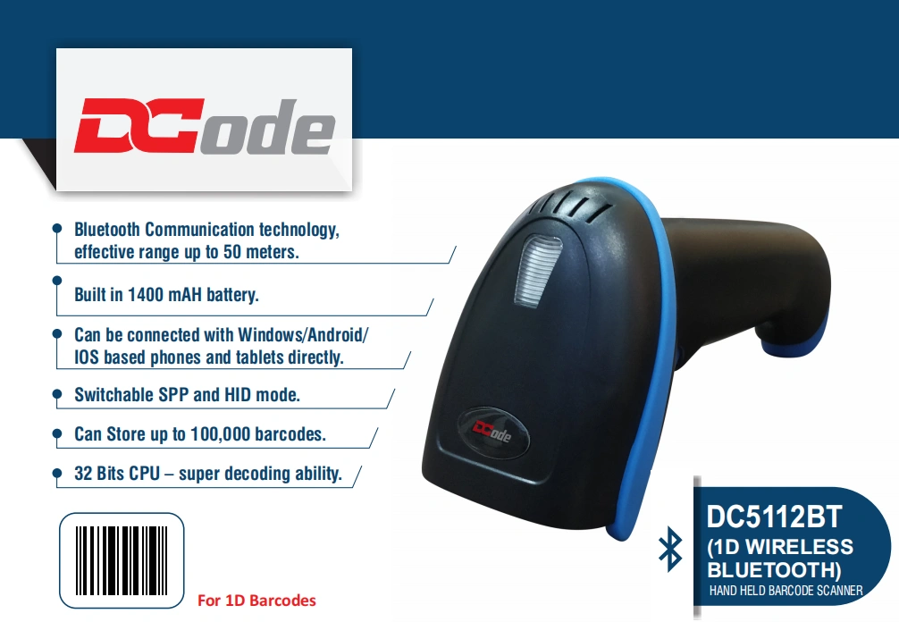 Dcode DC5112BT Twlight Black Barcode Scanner 1D Laser Bluetooth is a premium quality product from Dc
