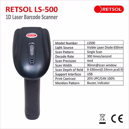 RETSOL LS500 1D WIRED BARCODE SCANNER | RIDDHI SIDDHI COMPUTERS
