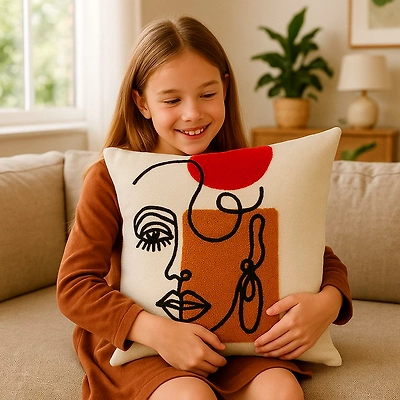 Artisan Hand Embroidery Cushion Cover - Cotton Slub &amp; Cotton Duck Fabrics-11916306