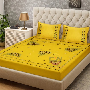 Chikonwala Hand Embroidered Pure Cotton Yellow Bedsheet