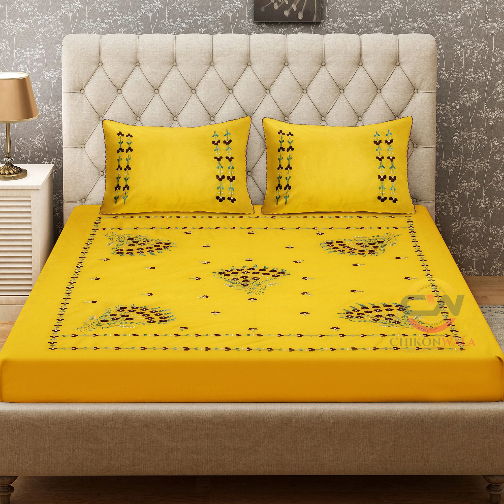 Chikonwala Hand Embroidered Pure Cotton Yellow Bedsheet-1