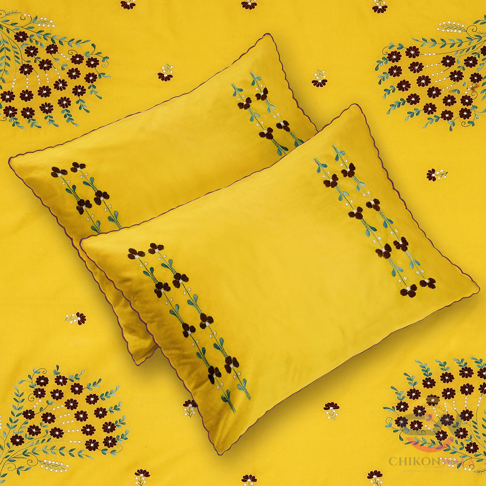 Chikonwala Hand Embroidered Pure Cotton Yellow Bedsheet-3