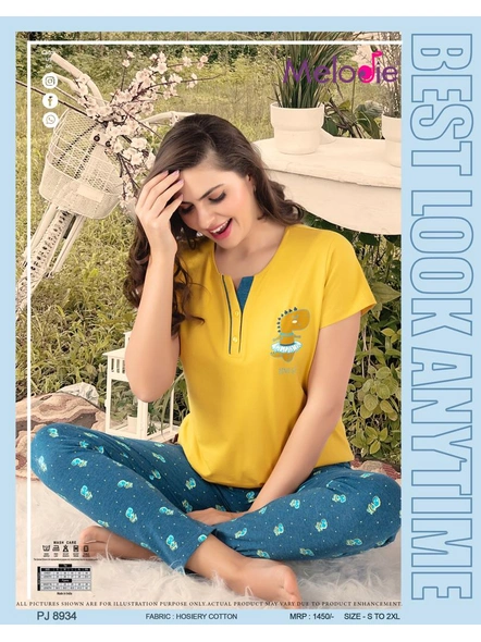 MUSTARD TOP WITH BLUE MILANCH ALL OVER PRINTED PYJAMA-PJ-8934-L