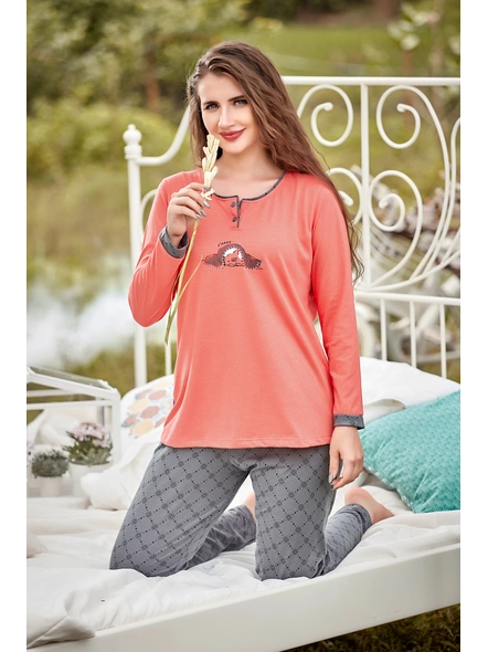 CORAL FULL SLEEVE TOP WITH GREY ALL OVER PRINTED PYJAMA-FS-PJ-8955-M