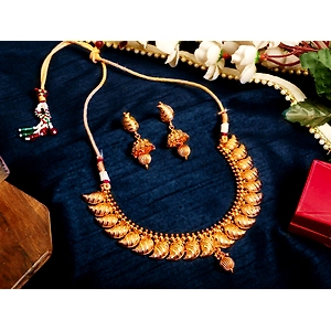 Maru Jewel Traditional HandCrafted Jewellery Gold Plated Brass Metal Golden Design Necklace Set With Stunning Jhumki Earrings For Girls (GJGN02G3)