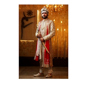 Hand Embroidered Designer Off White Color Sherwani Set