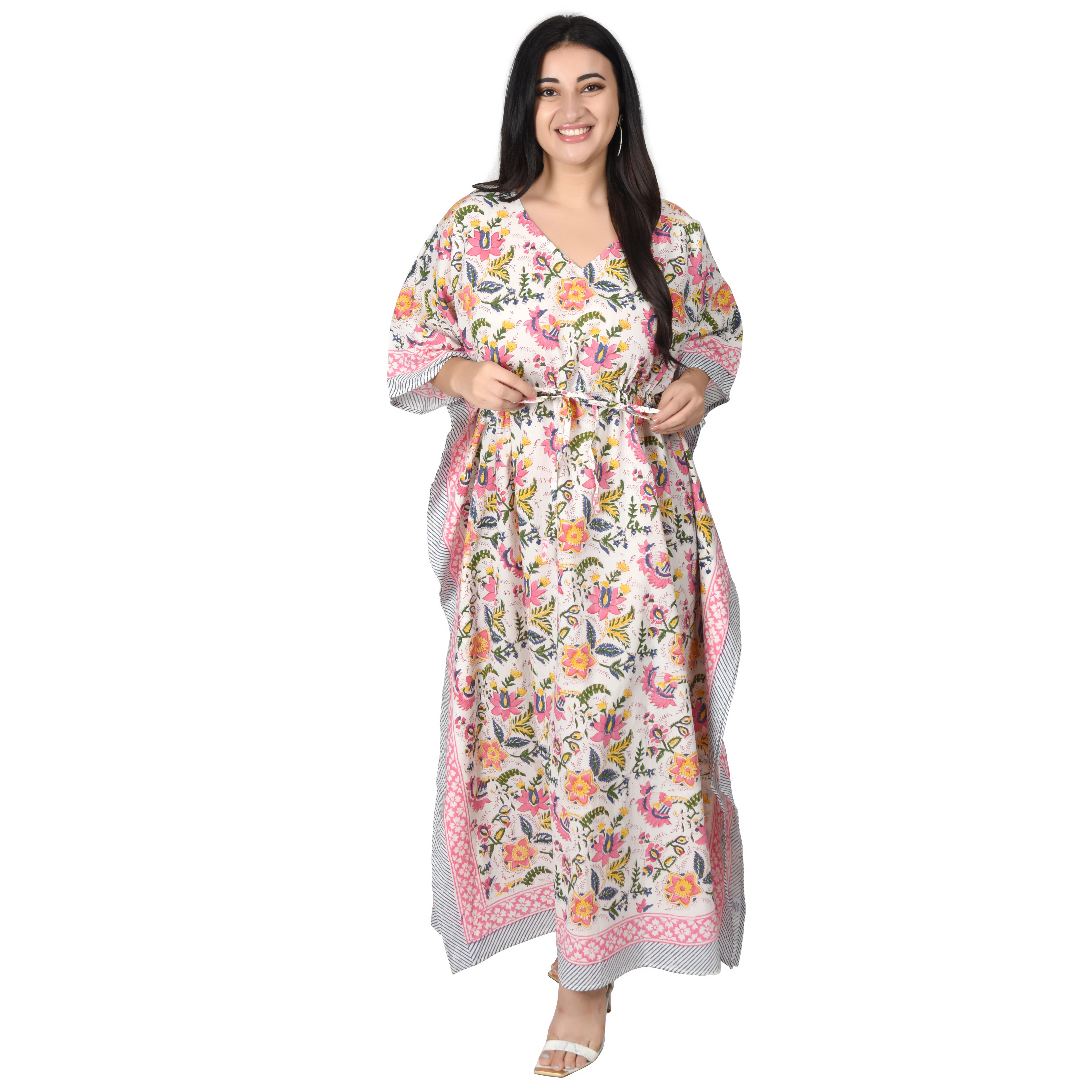 Fabric Venue Women's Ethnic Hand Block Print Cotton Maxi Kaftan Nightwear Dress Beach Wear Dress Floral Mugha Boota Kaftan-3