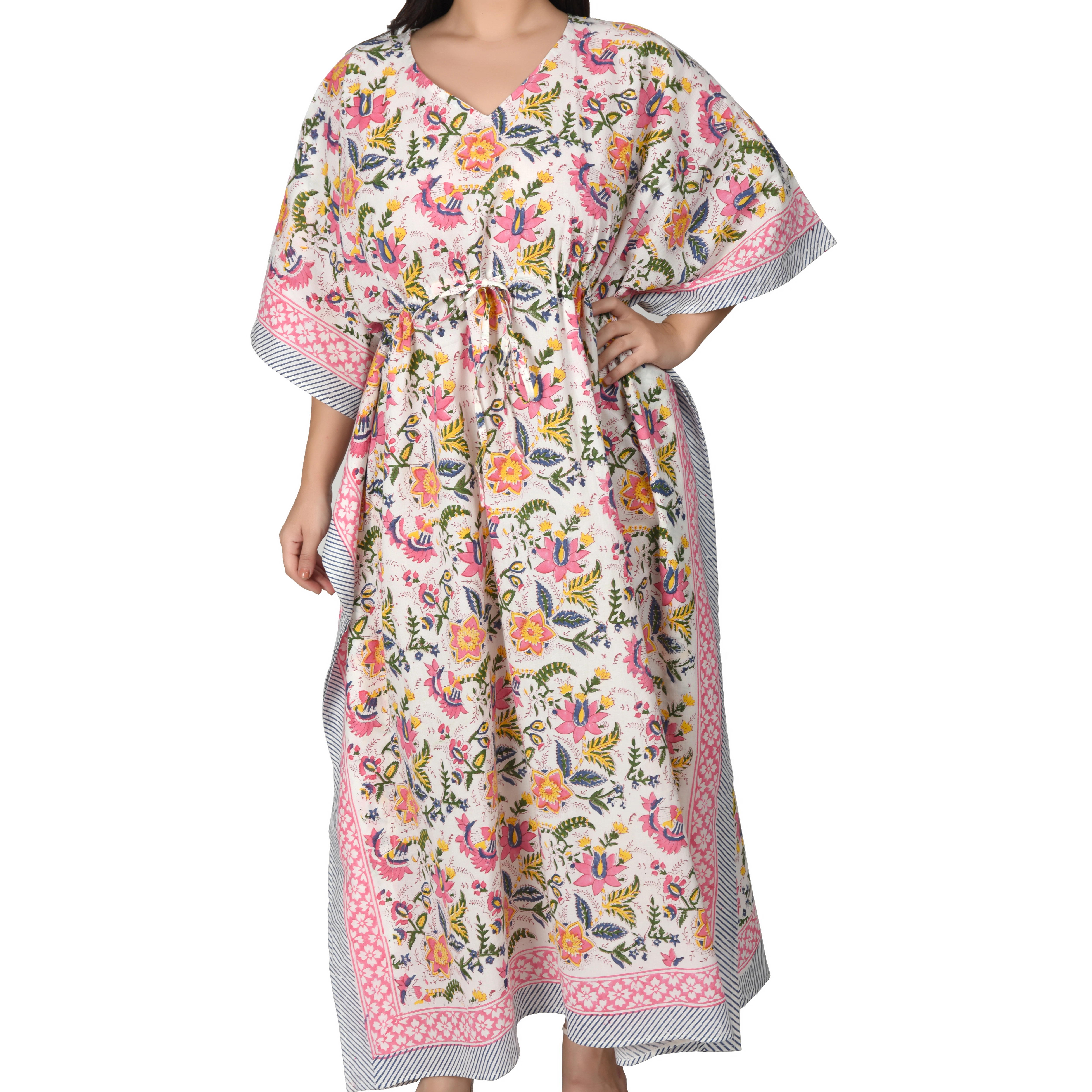 Fabric Venue Women's Ethnic Hand Block Print Cotton Maxi Kaftan Nightwear Dress Beach Wear Dress Floral Mugha Boota Kaftan-1