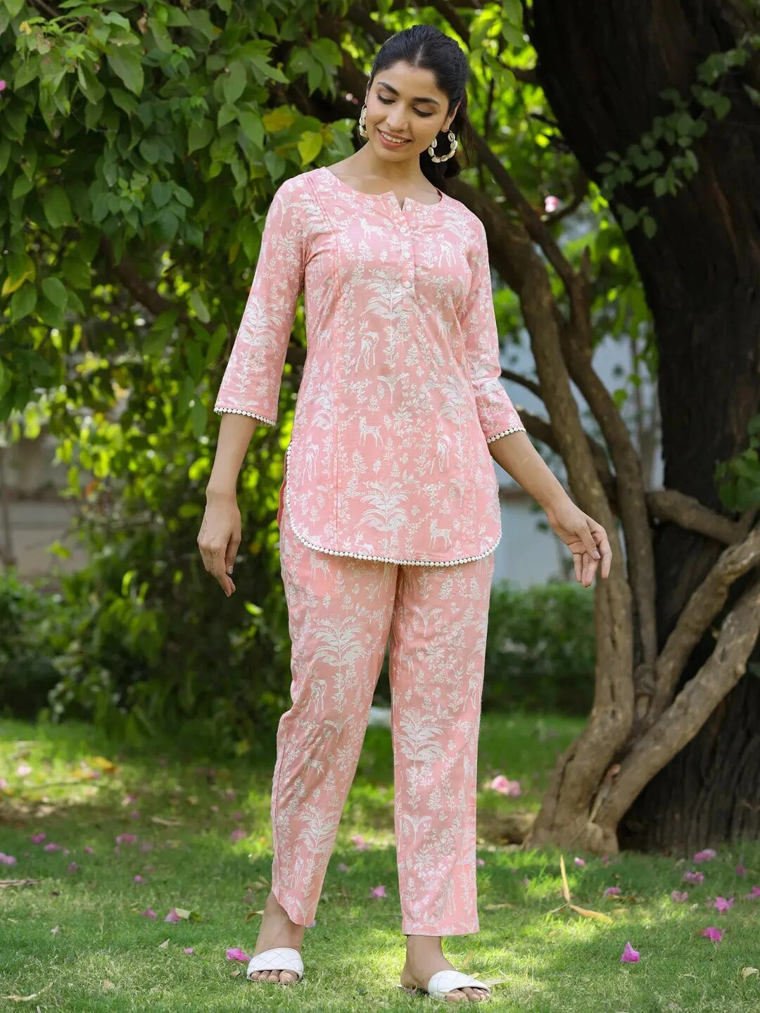 Light Pink Rayon Slub Quirky Printed Lace Embellished Night Suit-Jan1111S