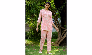 Light Pink Rayon Slub Quirky Printed Lace Embellished Night Suit