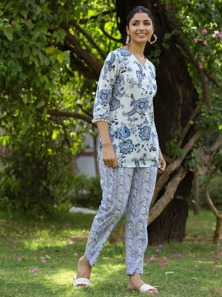 White And Blue Printed Cotton Short Kurta With Pants-Jan1112S