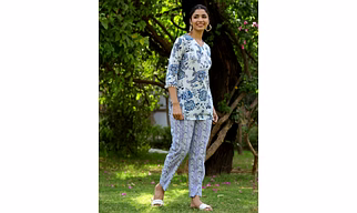 White And Blue Printed Cotton Short Kurta With Pants