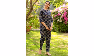Blue Printed Cotton Short Kurta With Pants