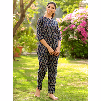blue printed cotton short kurta with pants
