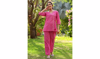 Pink And White Angrakha Printed Cotton Short Kurta With Pants