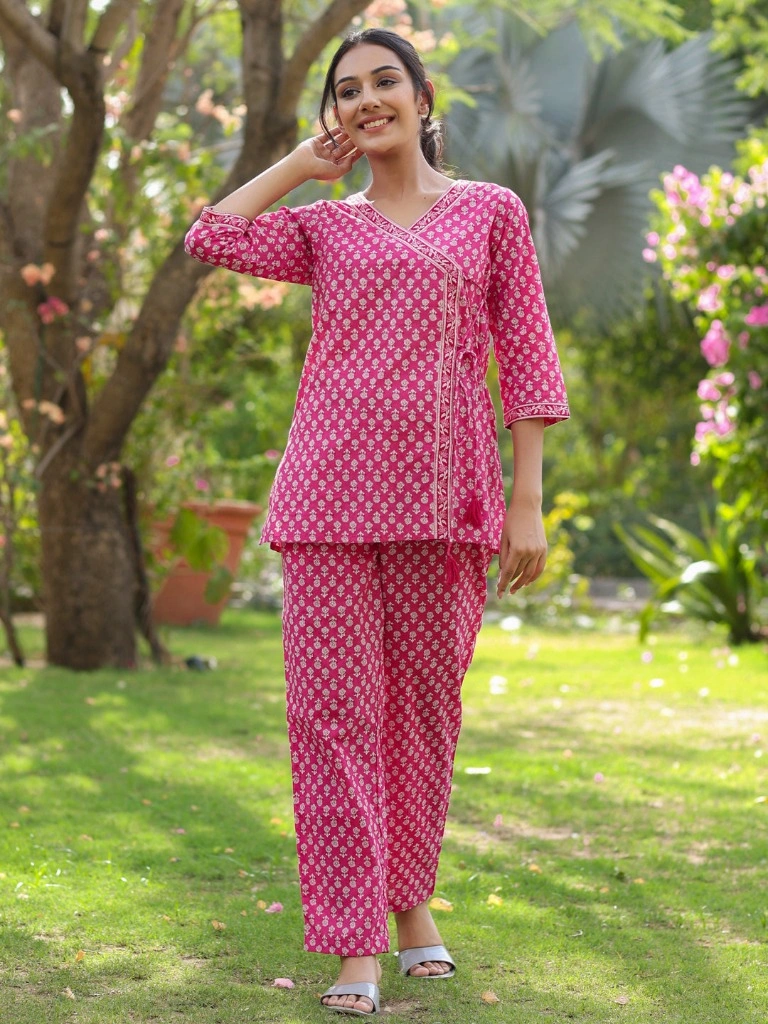 Pink And White Angrakha Printed Cotton Short Kurta With Pants-Jan1114XL