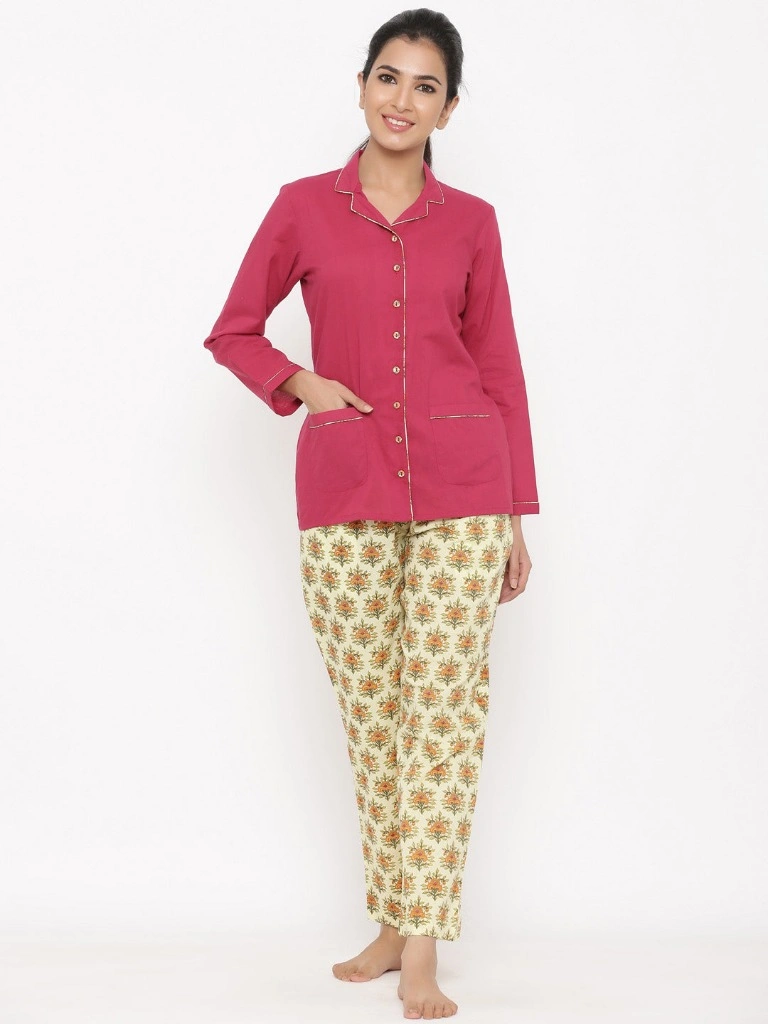 Magenta Ethnic Print Cotton Night Suit-Jan1116L