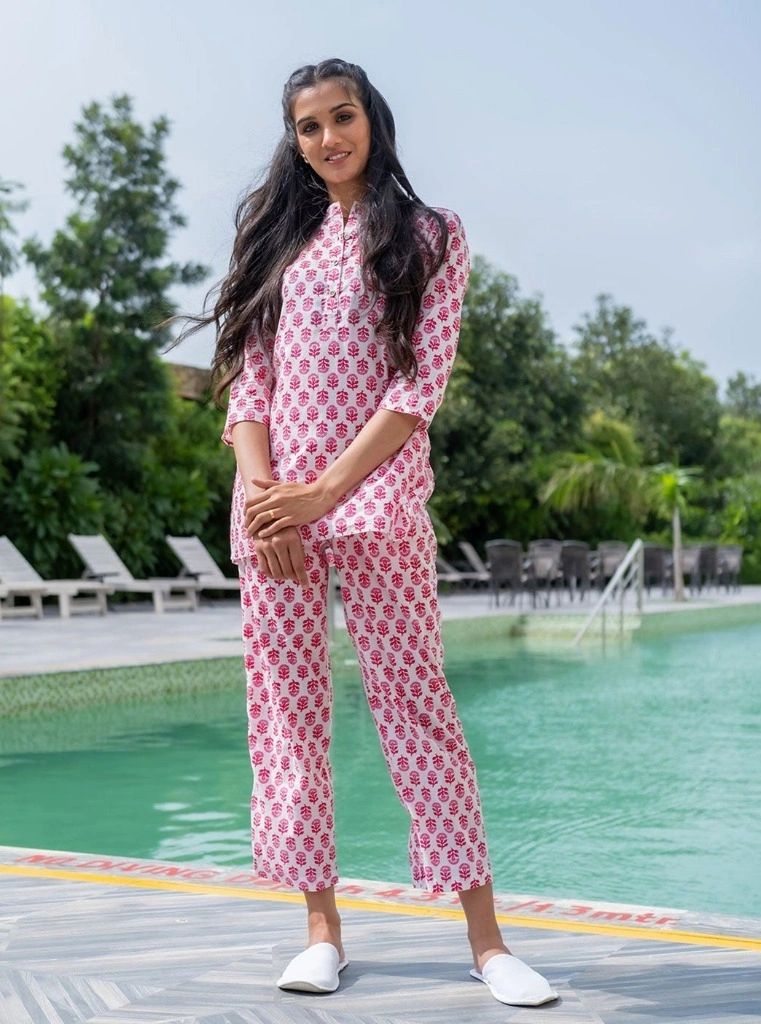 White Ethnic Print Cotton Loungewear Set With Side Pockets-Jan1118S