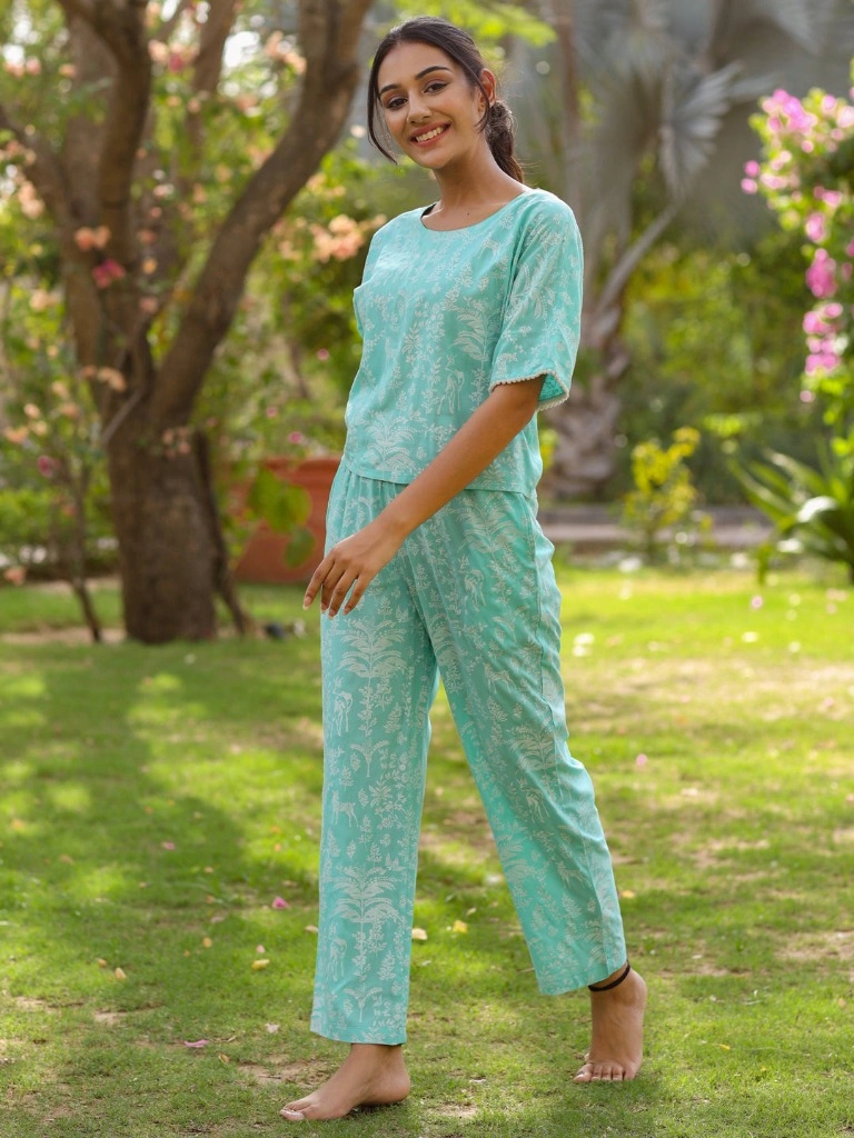 Light Blue Rayon Slub Quirky Printed Night Suit-Jan1119M