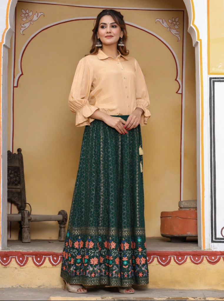 Women Green Gold Printed Flared Skirt-Jan1151M