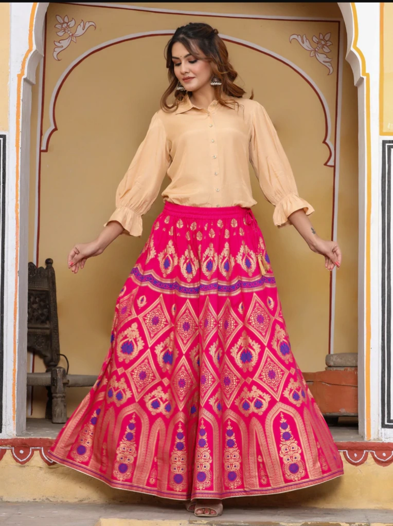 Pink Gold Printed Maxi Flared Skirt-Jan1152L