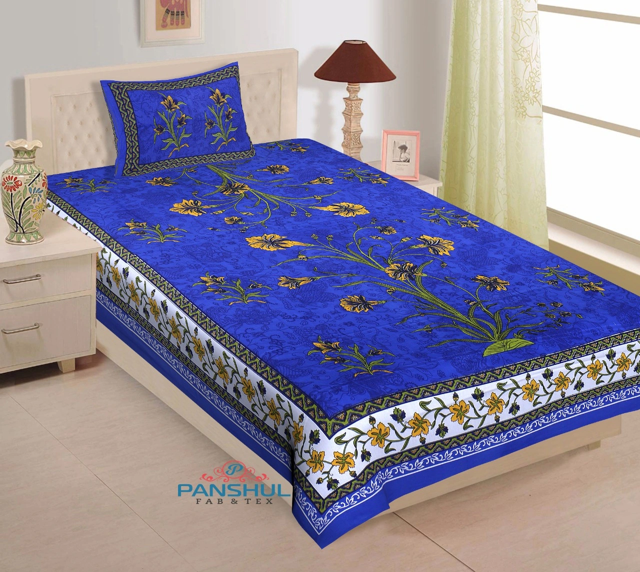 Blue Leaf Printed Bedsheet-Jan1200