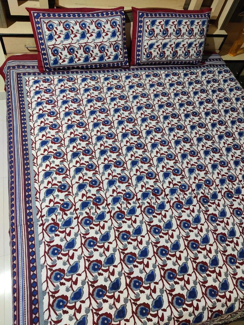 Blue White Block Print Bedsheet-Jan1201