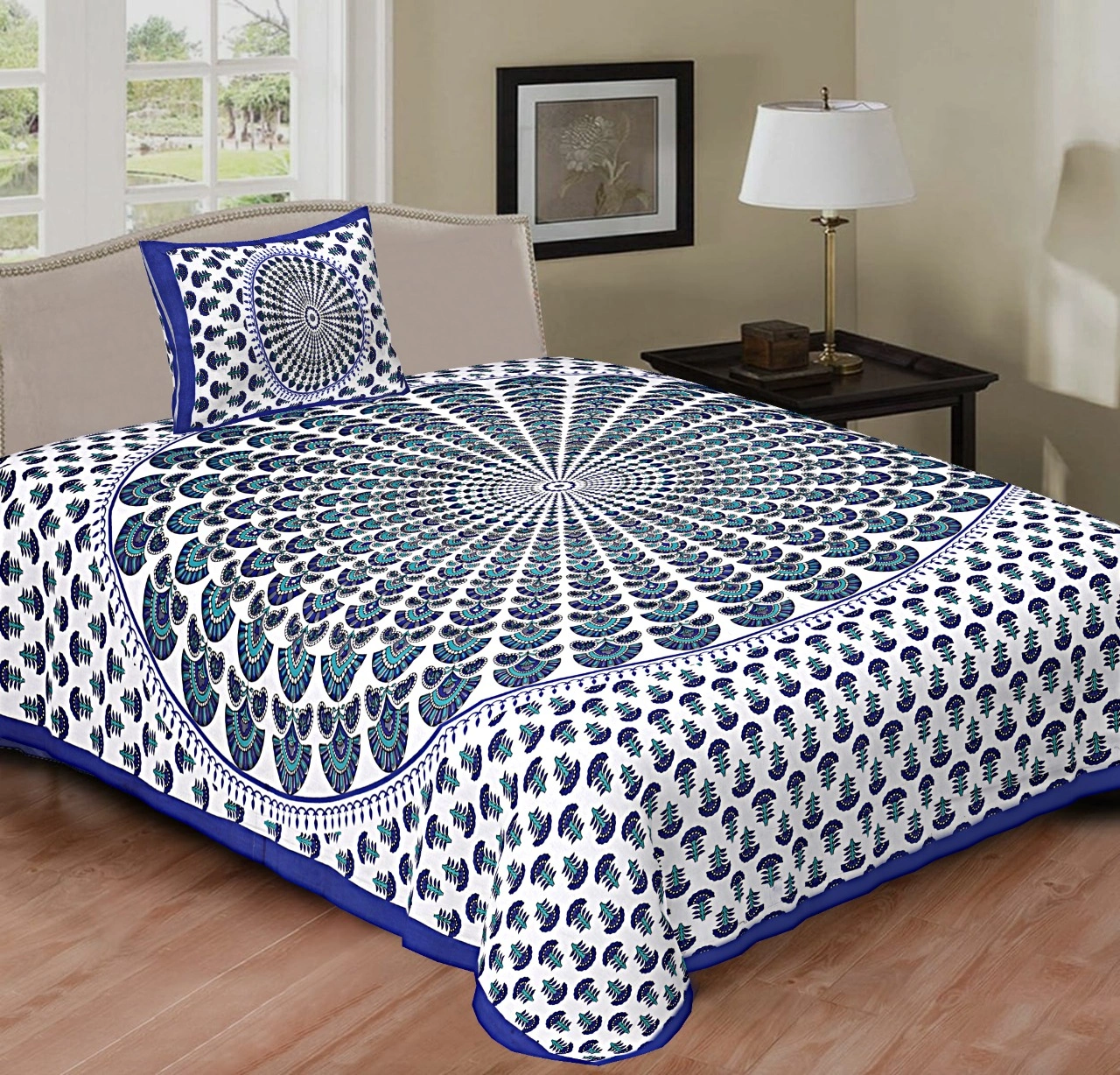 Blue White Rangoli Print Bedsheet-Jan1202