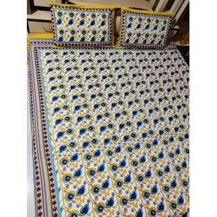 Blue White Yellow Block Print Bedsheet