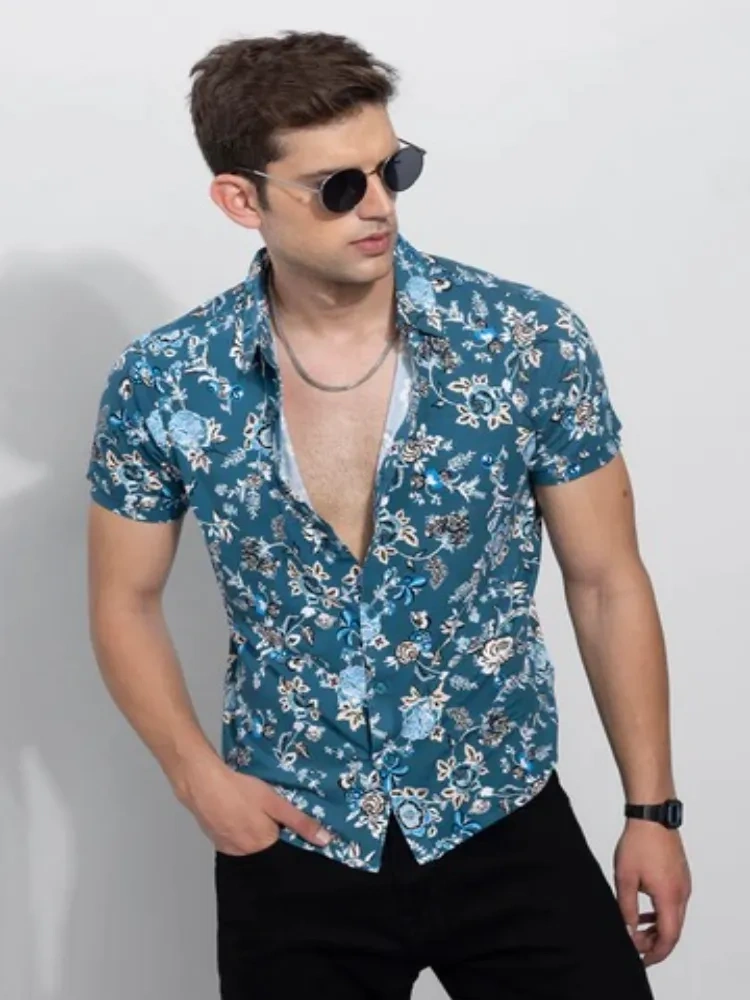 Ocean Blue Printed Shirt For Men-12263580